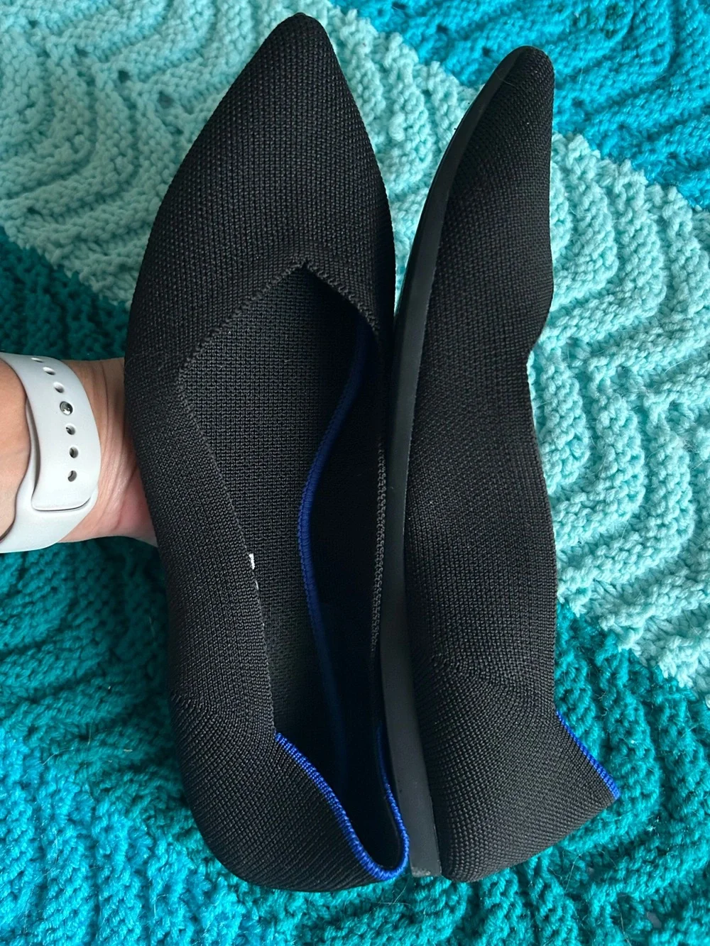 Rothy's Black Pointed Flats with Blue Trim